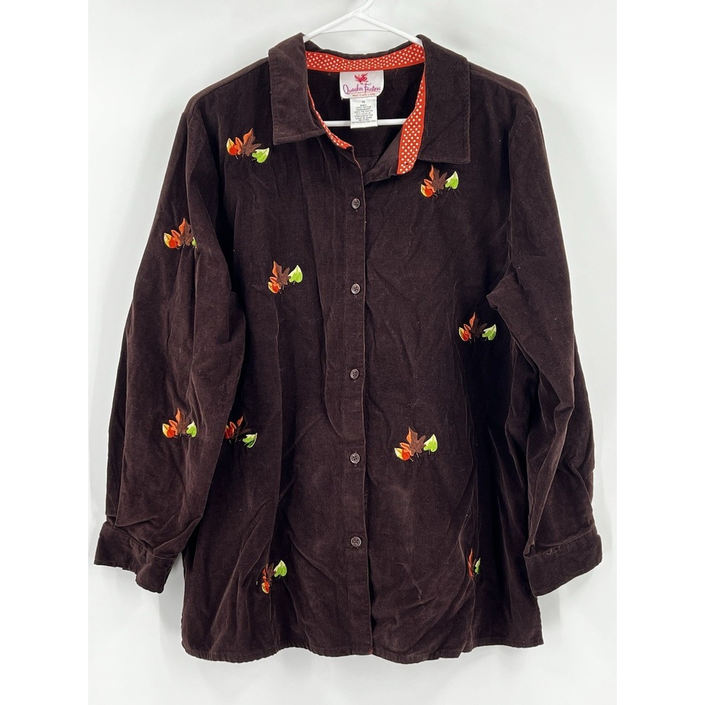 Quacker Factory Corduroy Shirt 1X Brown Orange Leaf Fall Long Sleeve Novelty